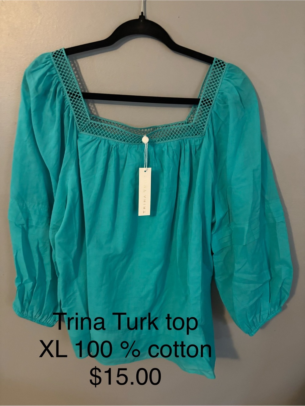 Trina Turk Turquoise Crochet Square-Neck Cotton Blouse